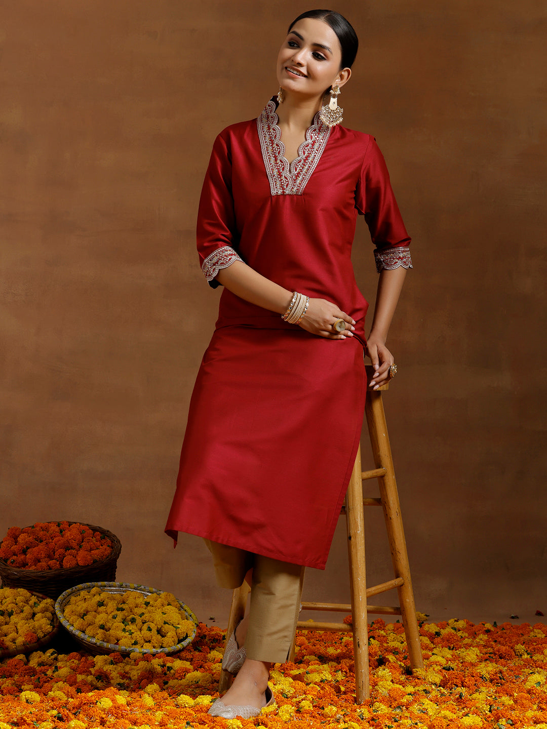 Maroon Embroidered Silk Straight Kurta