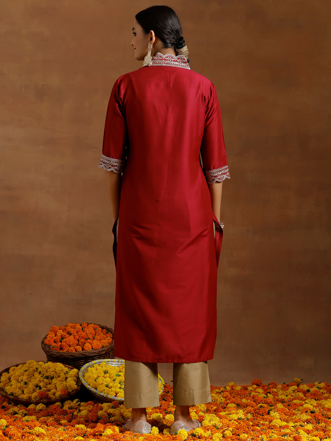  Maroon Embroidered Silk Straight Kurta 