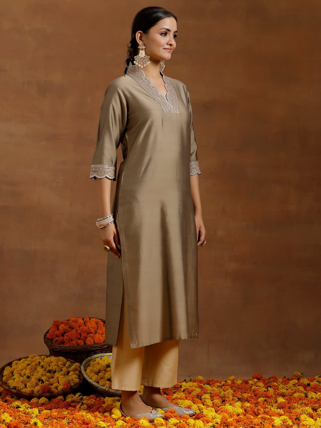  Gold Embroidered Silk Straight Kurta 