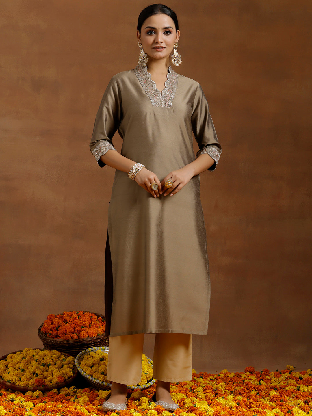  Gold Embroidered Silk Straight Kurta 