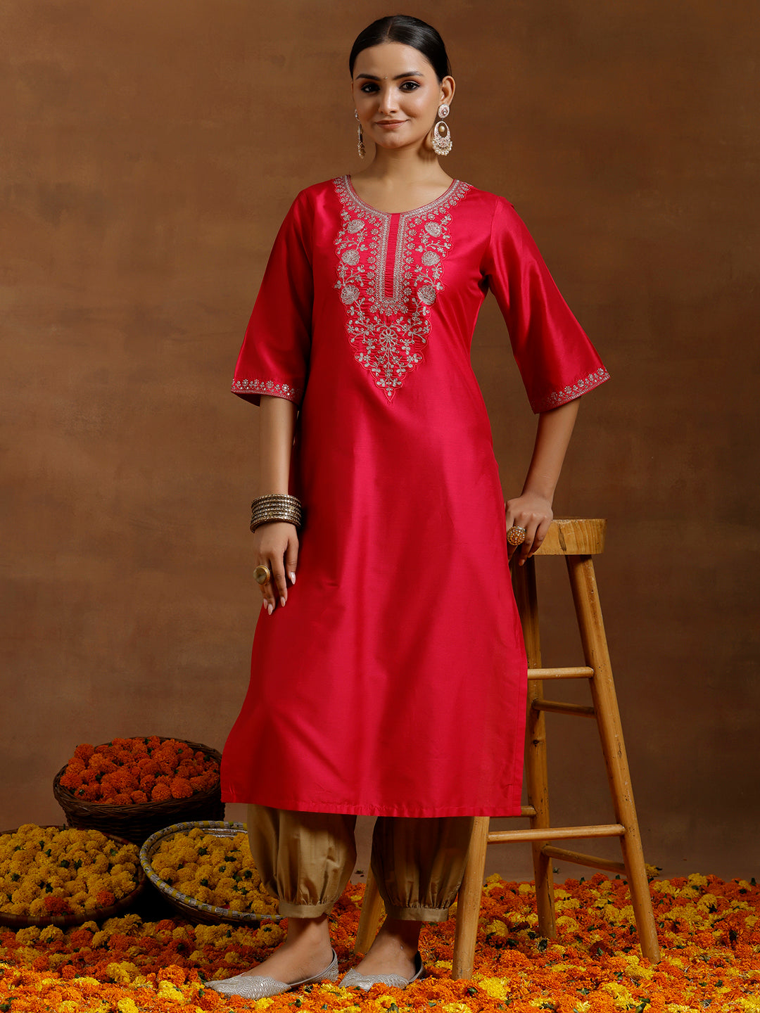  Pink Embroidered Silk Straight Kurta 