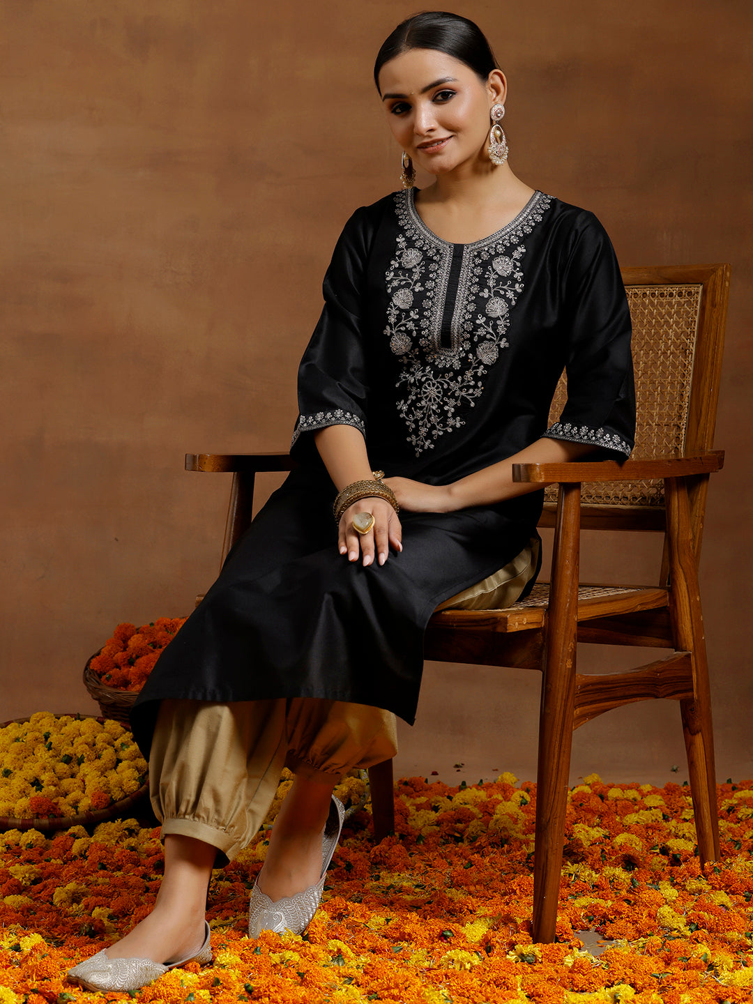  Black Embroidered Silk Straight Kurta 