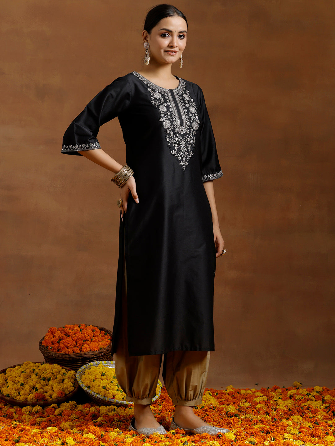  Black Embroidered Silk Straight Kurta 