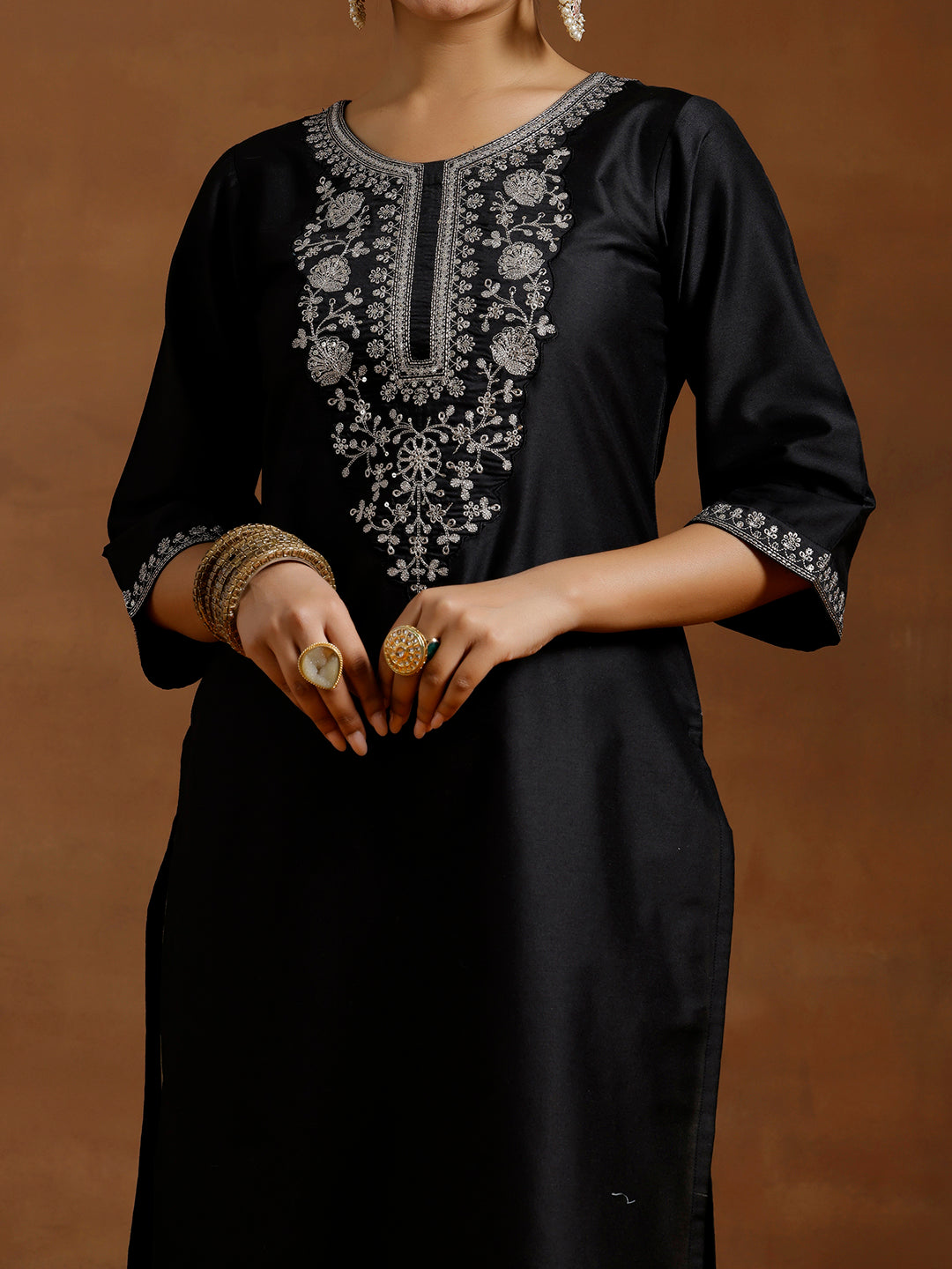  Black Embroidered Silk Straight Kurta 