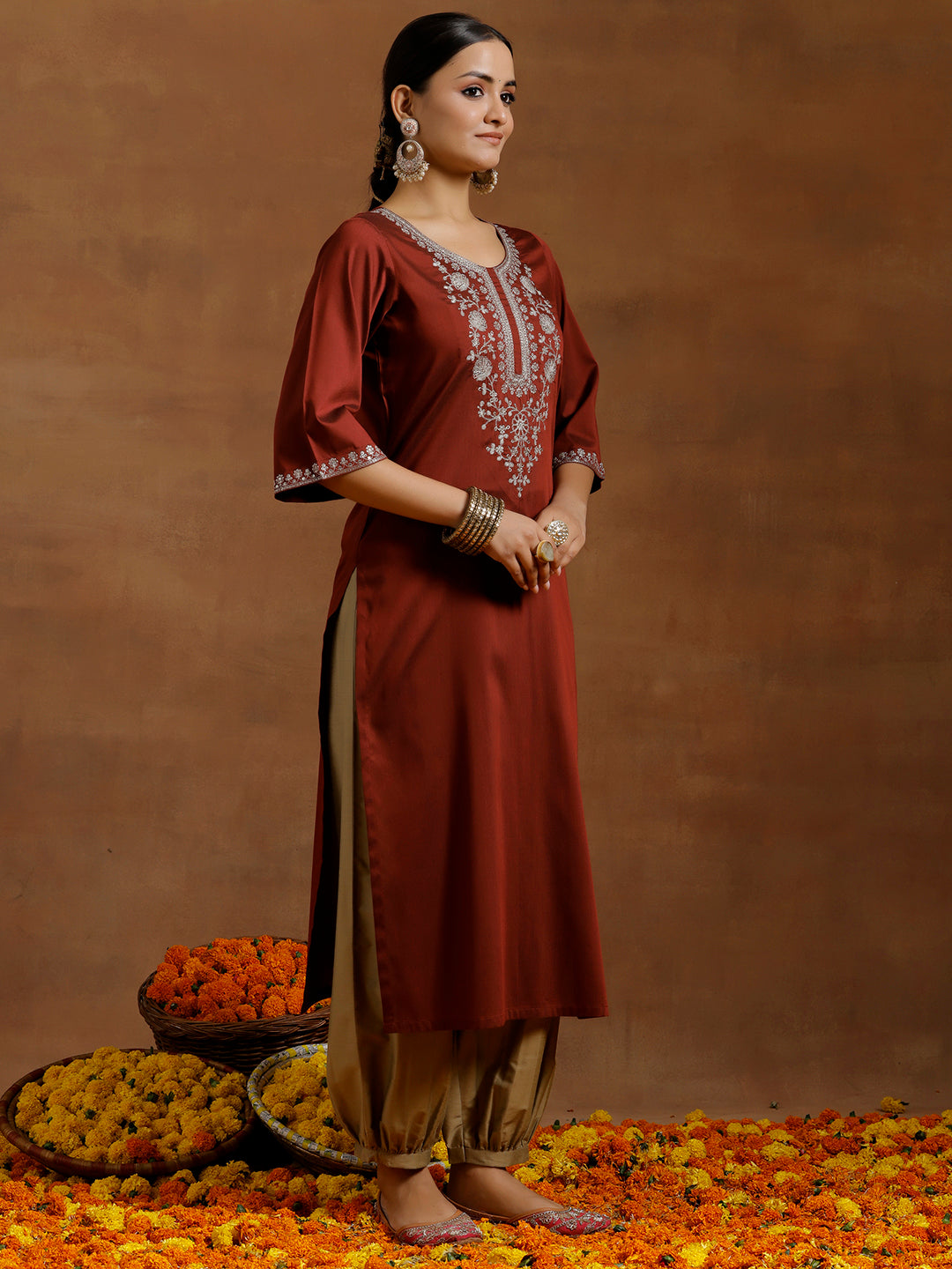  Maroon Embroidered Silk Straight Kurta 