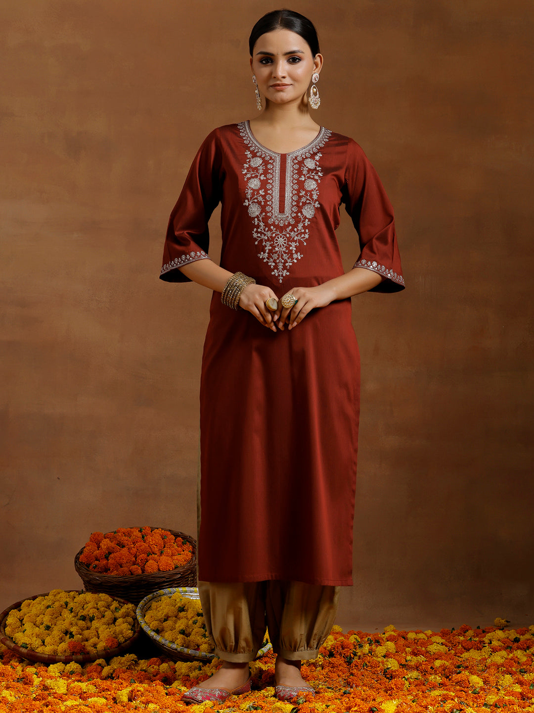  Maroon Embroidered Silk Straight Kurta 