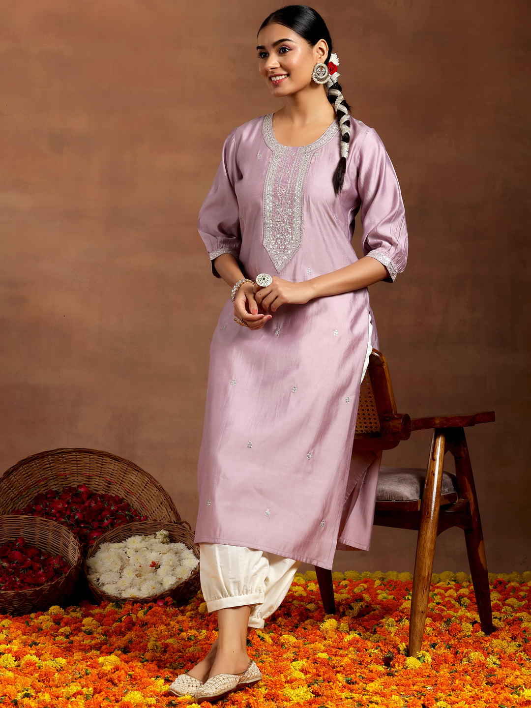  Purple Embroidered Silk Straight Kurta 