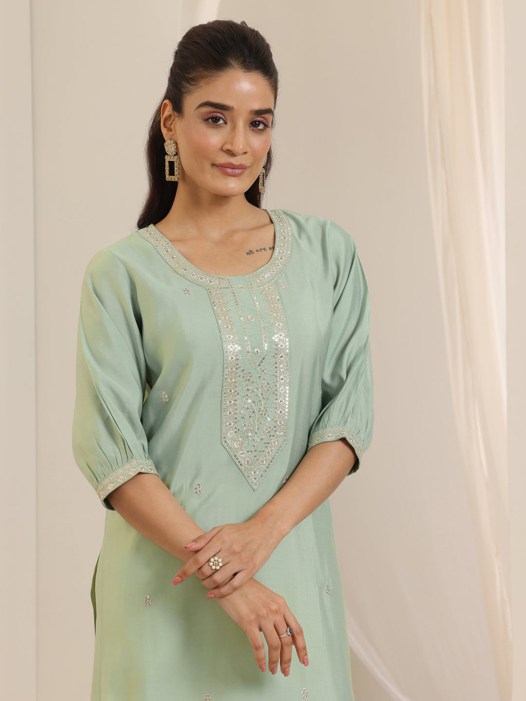  Green Embroidered Silk Straight Kurta 