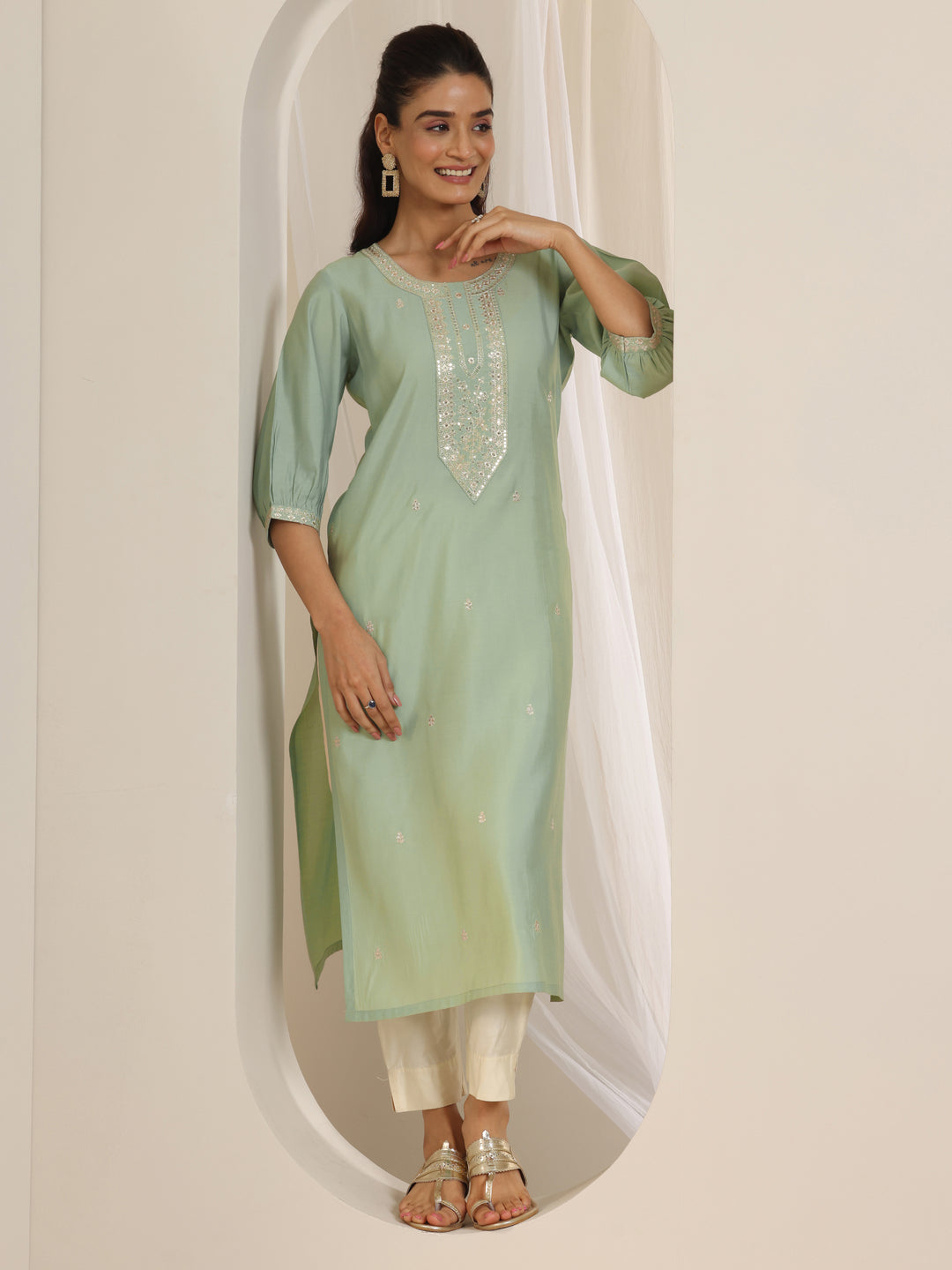  Green Embroidered Silk Straight Kurta 