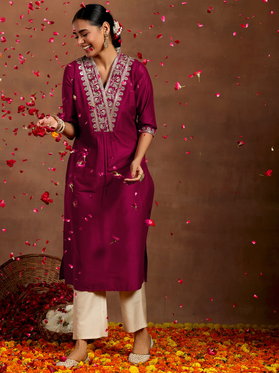 Maroon Yoke Design Silk Straight Kurta