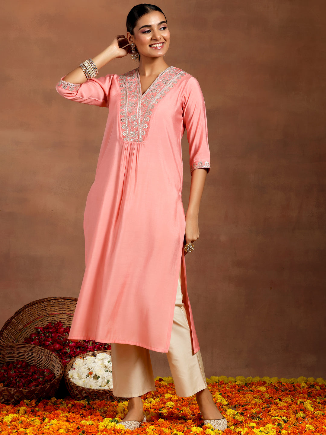 Peach Yoke Design Silk Straight Kurta