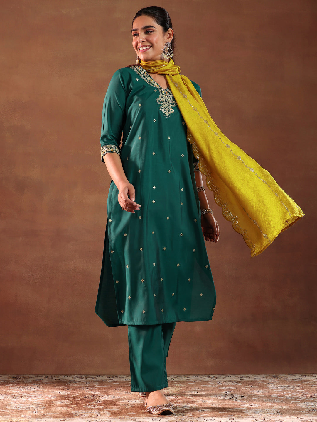 Rama Green Embroidered Silk Blend Straight Suit With Dupatta