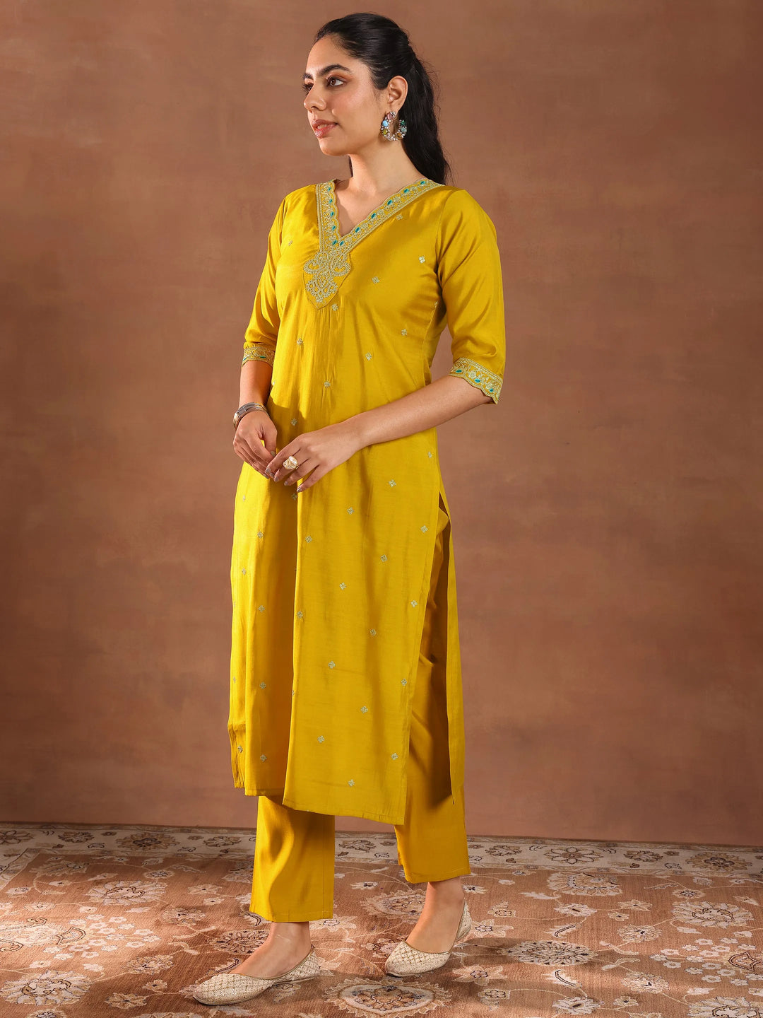  Mustard Embroidered Silk Blend Straight Suit With Dupatta 