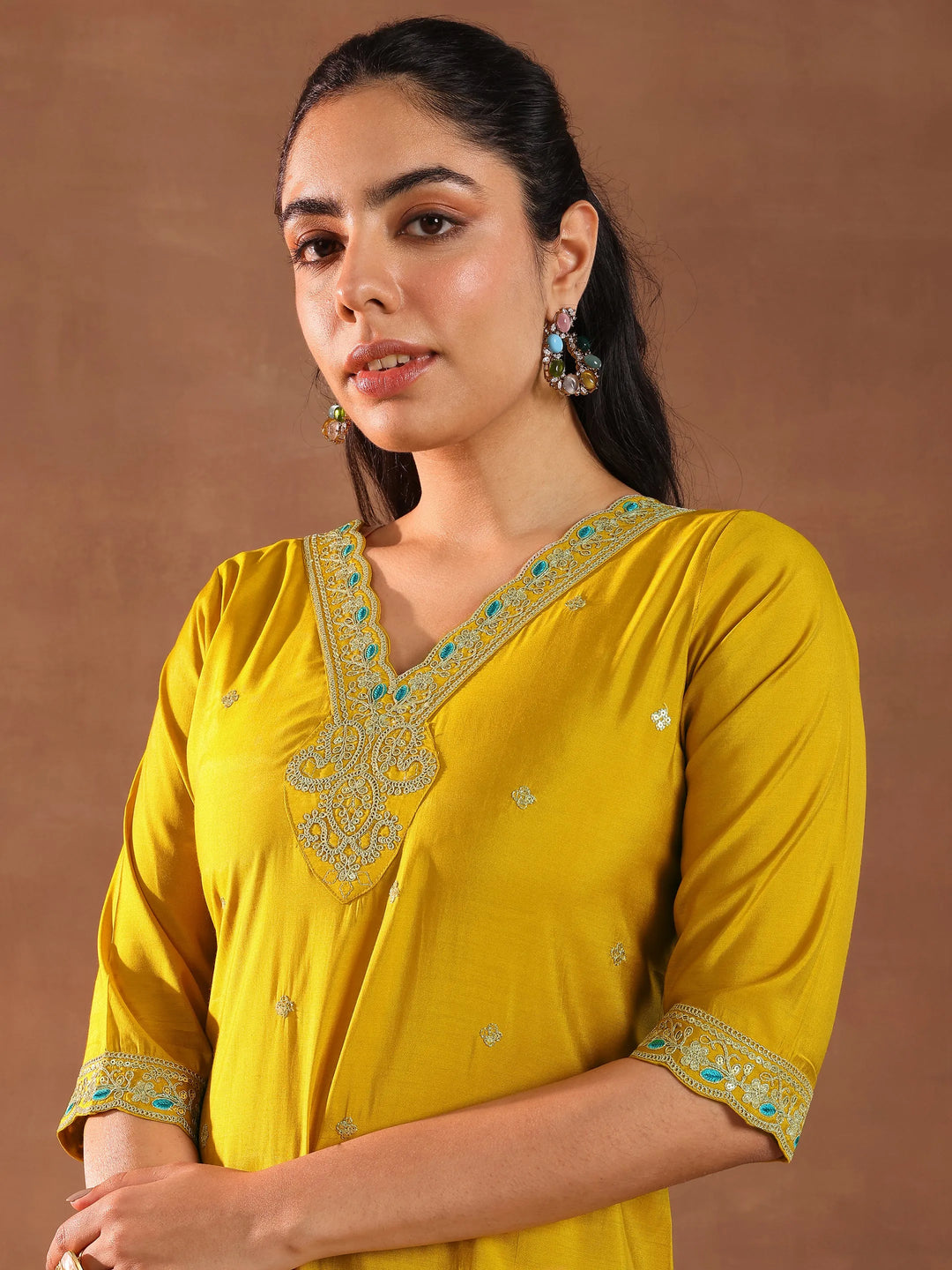  Mustard Embroidered Silk Blend Straight Suit With Dupatta 