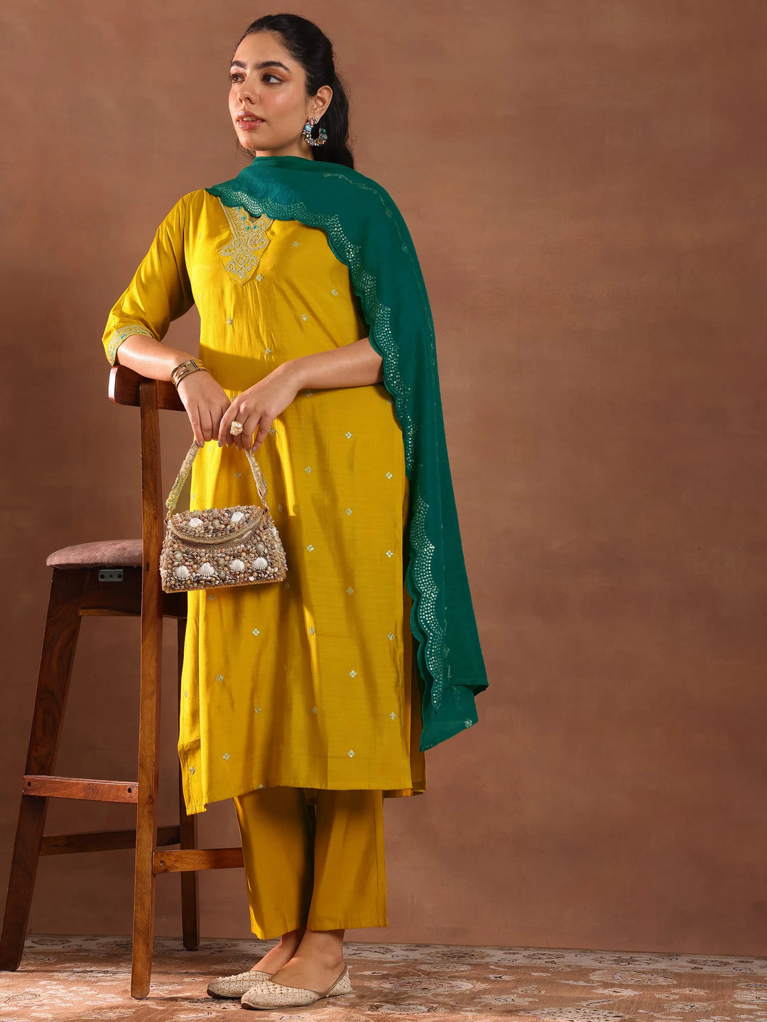  Mustard Embroidered Silk Blend Straight Suit With Dupatta 