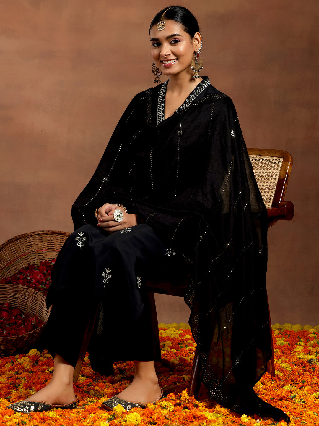 Black Embroidered Silk Blend Straight Suit With Dupatta