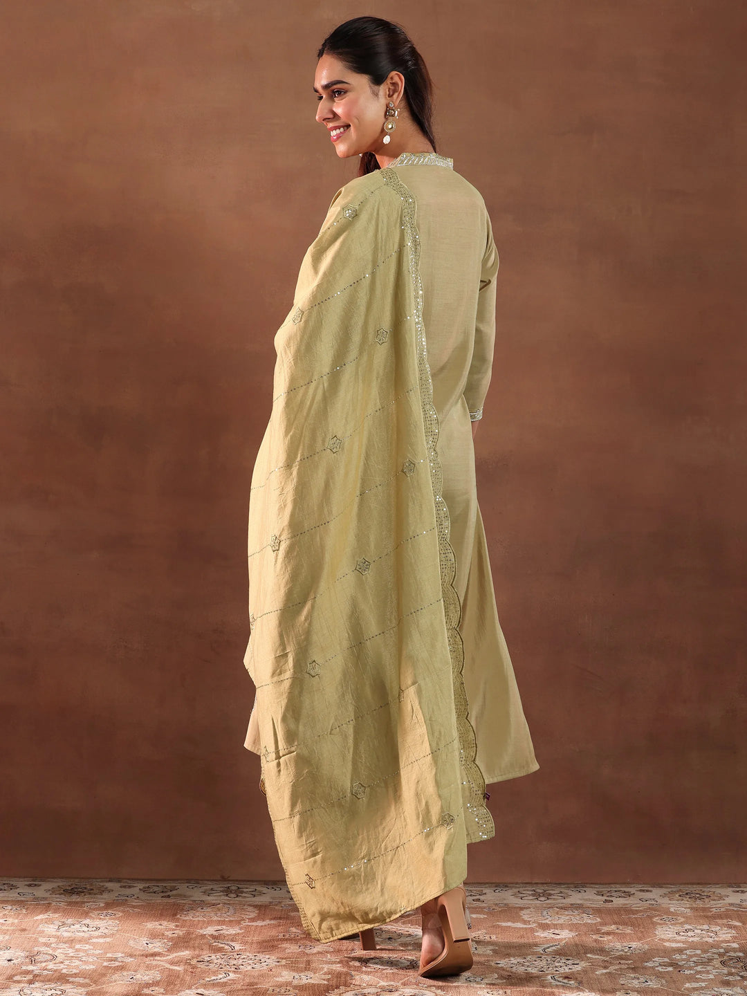  Golden Embroidered Silk Blend Straight Suit With Dupatta 