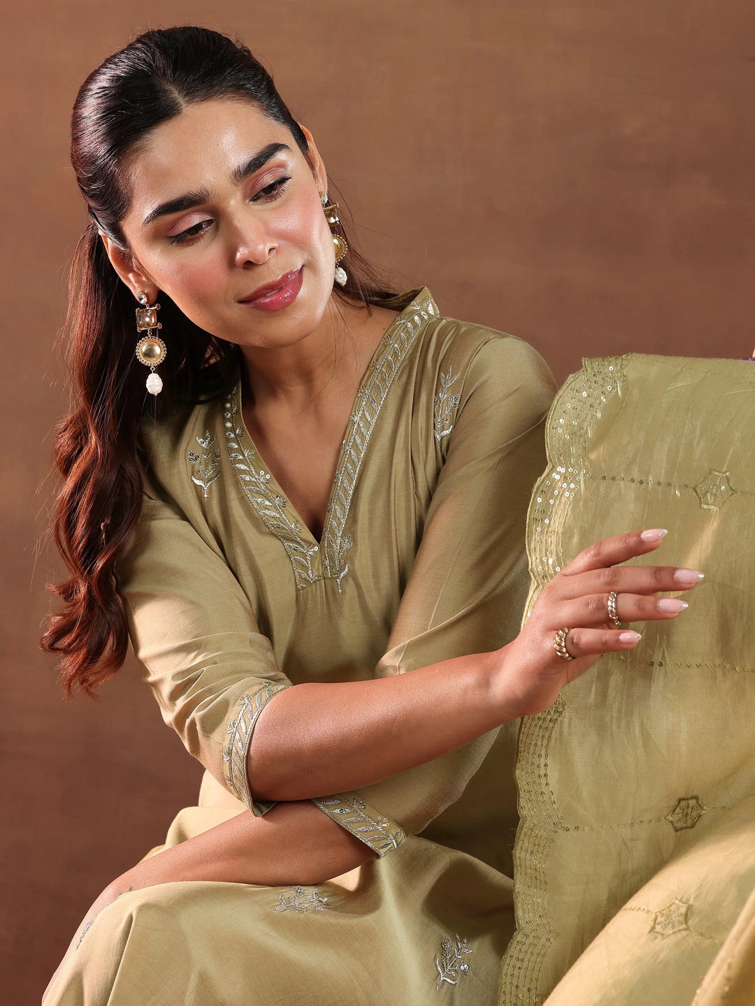 Golden Embroidered Silk Blend Straight Suit With Dupatta