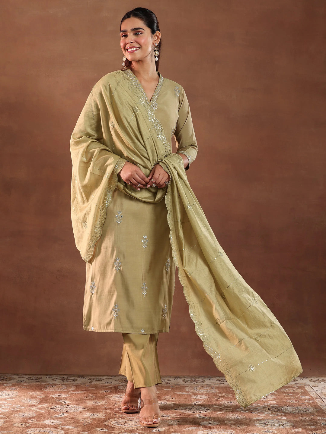  Golden Embroidered Silk Blend Straight Suit With Dupatta 