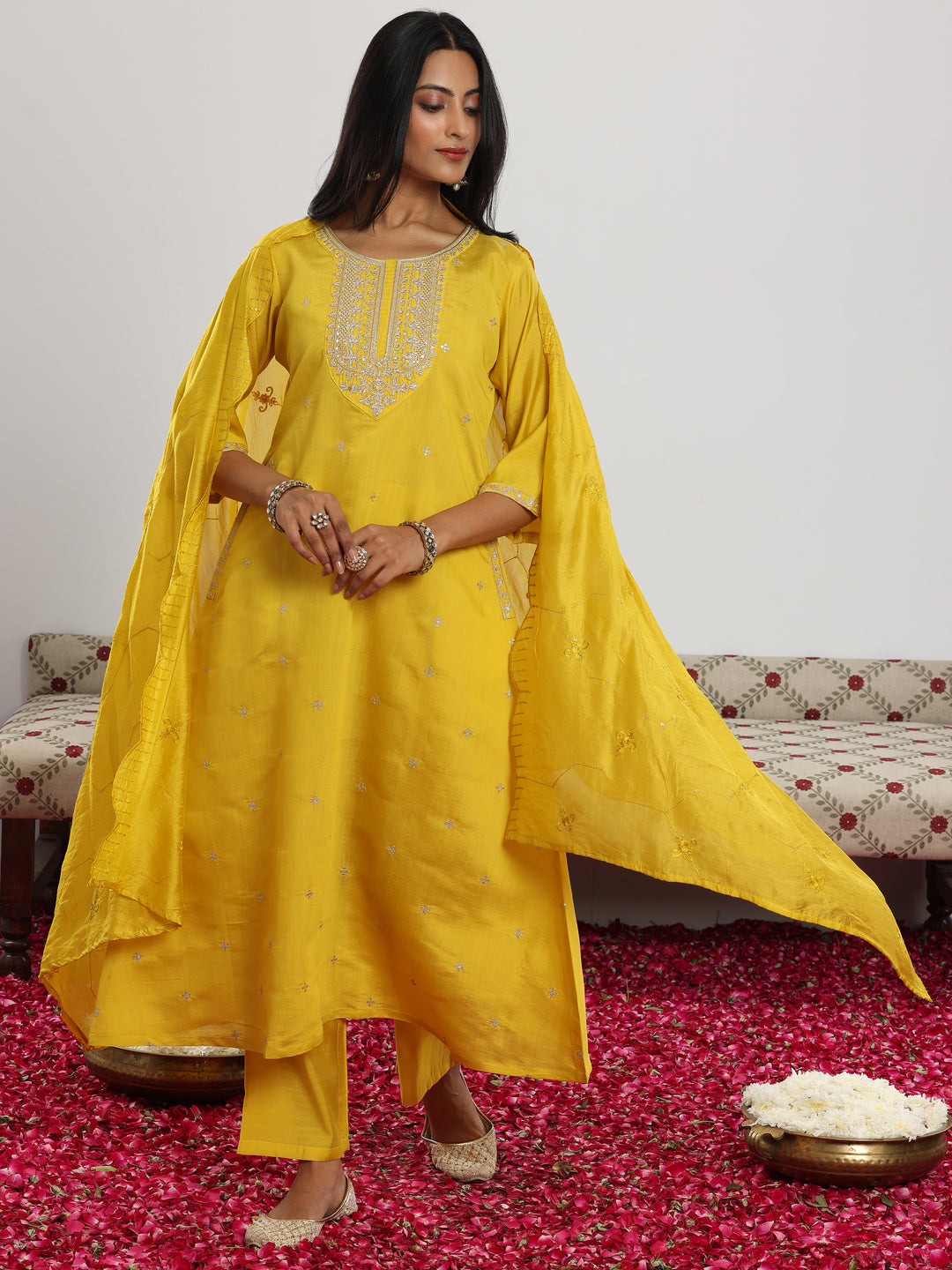 Yellow Embroidered Silk Blend Straight Suit With Dupatta