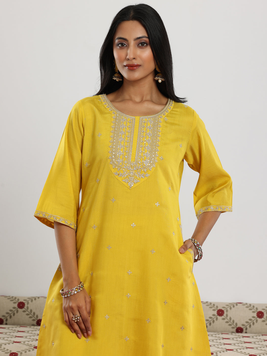  Yellow Embroidered Silk Blend Straight Suit With Dupatta 