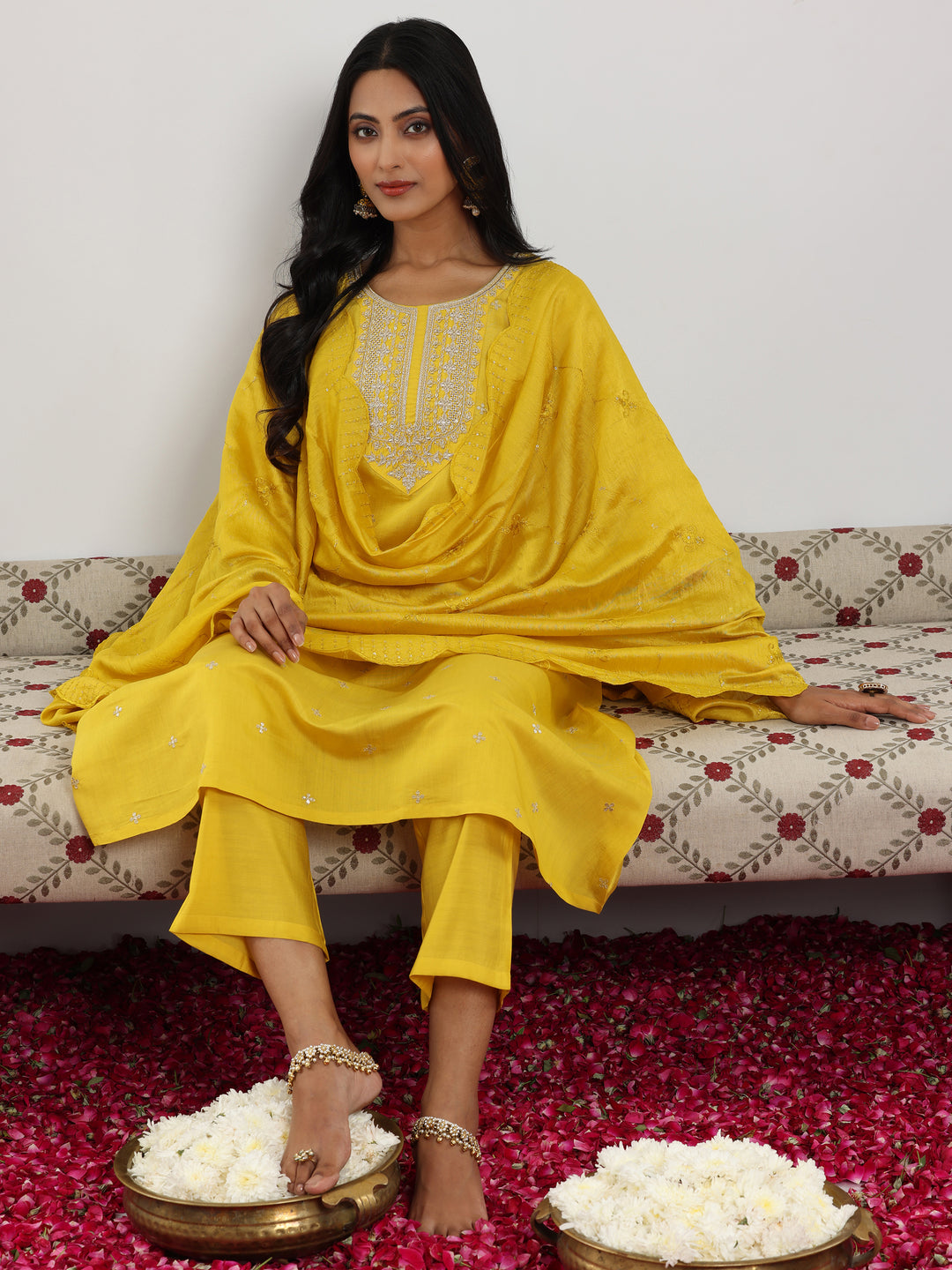  Yellow Embroidered Silk Blend Straight Suit With Dupatta 