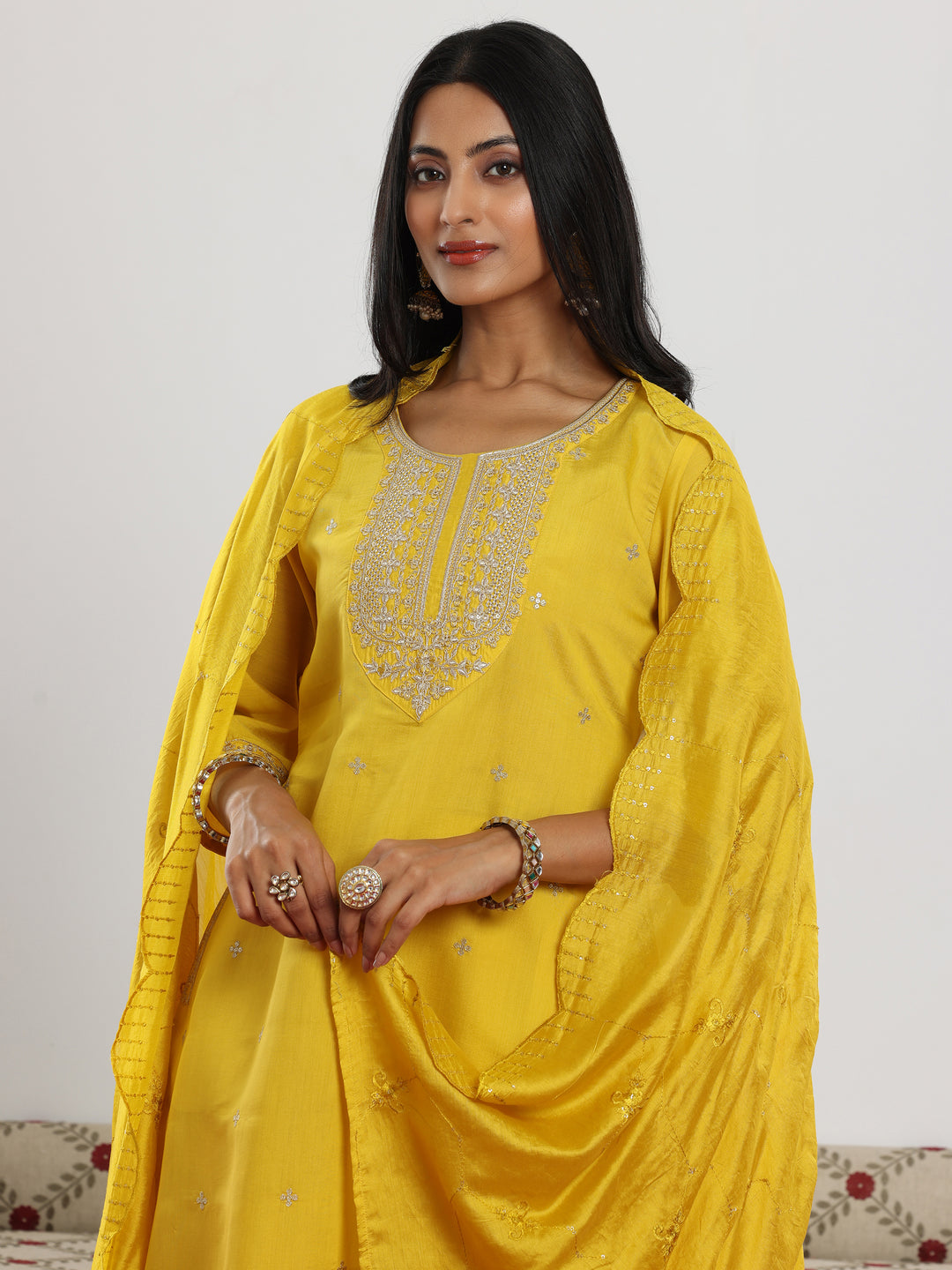  Yellow Embroidered Silk Blend Straight Suit With Dupatta 