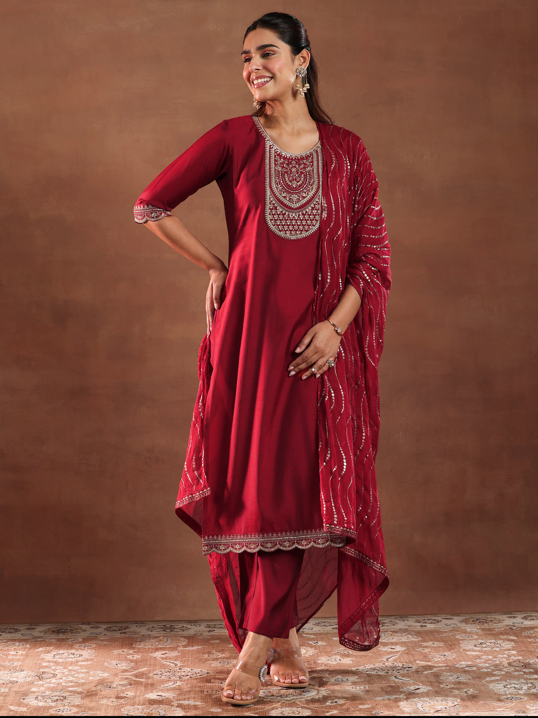  Red Yoke Design Silk Blend Straight Suit With Dupatta-color check 