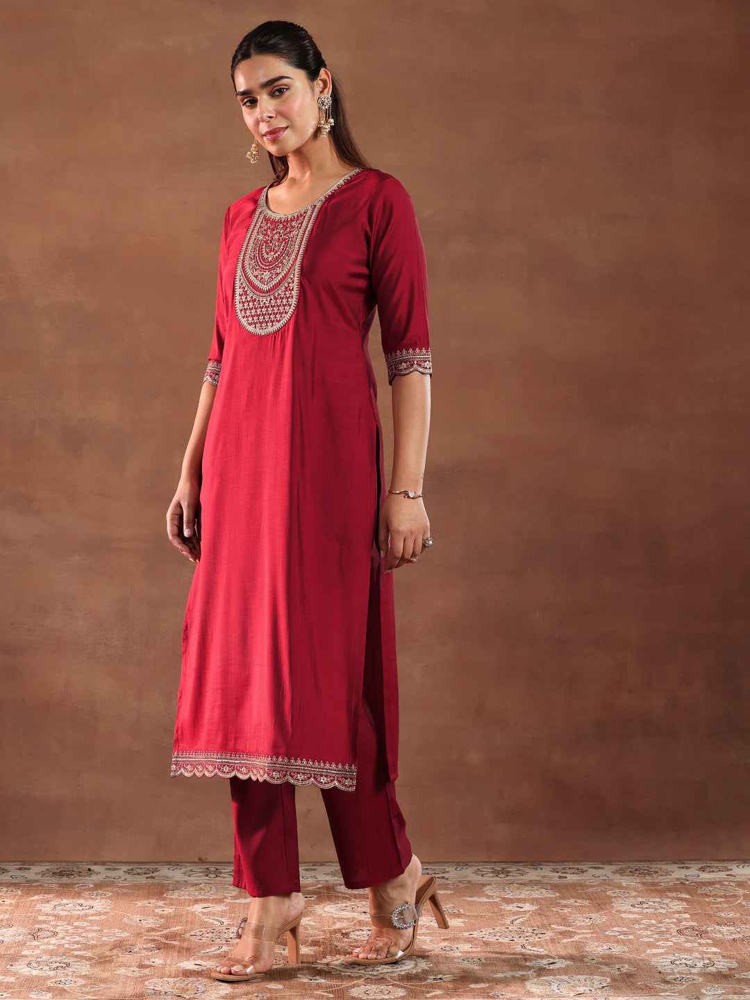  Red Yoke Design Silk Blend Straight Suit With Dupatta-color check 