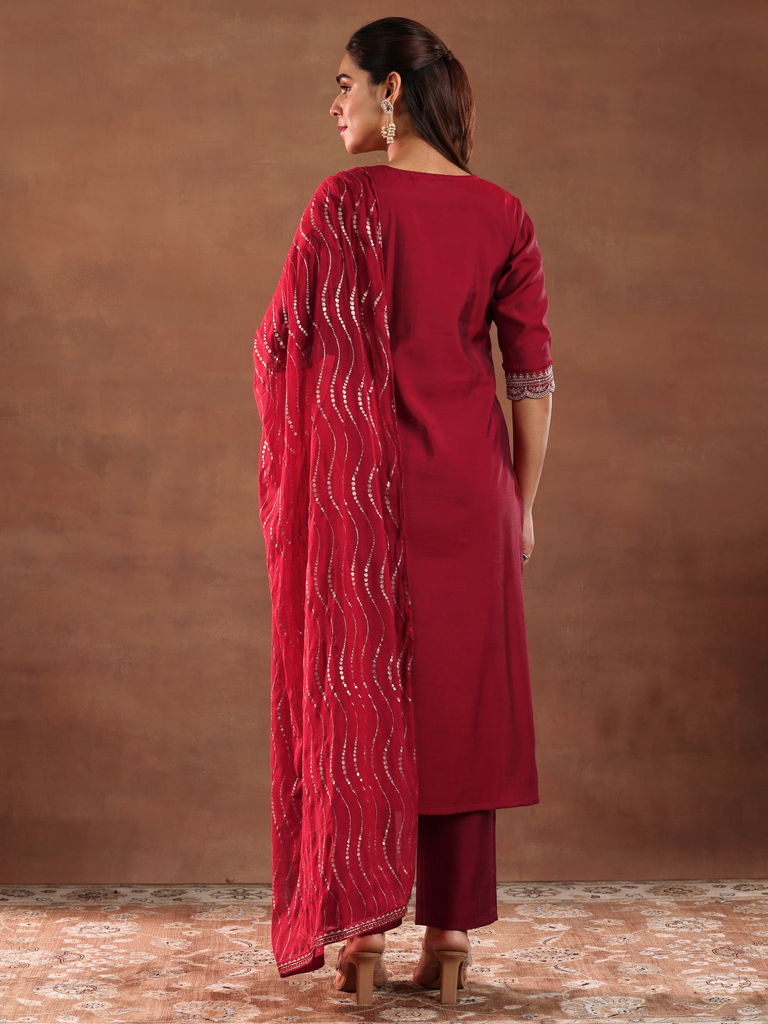  Red Yoke Design Silk Blend Straight Suit With Dupatta-color check 