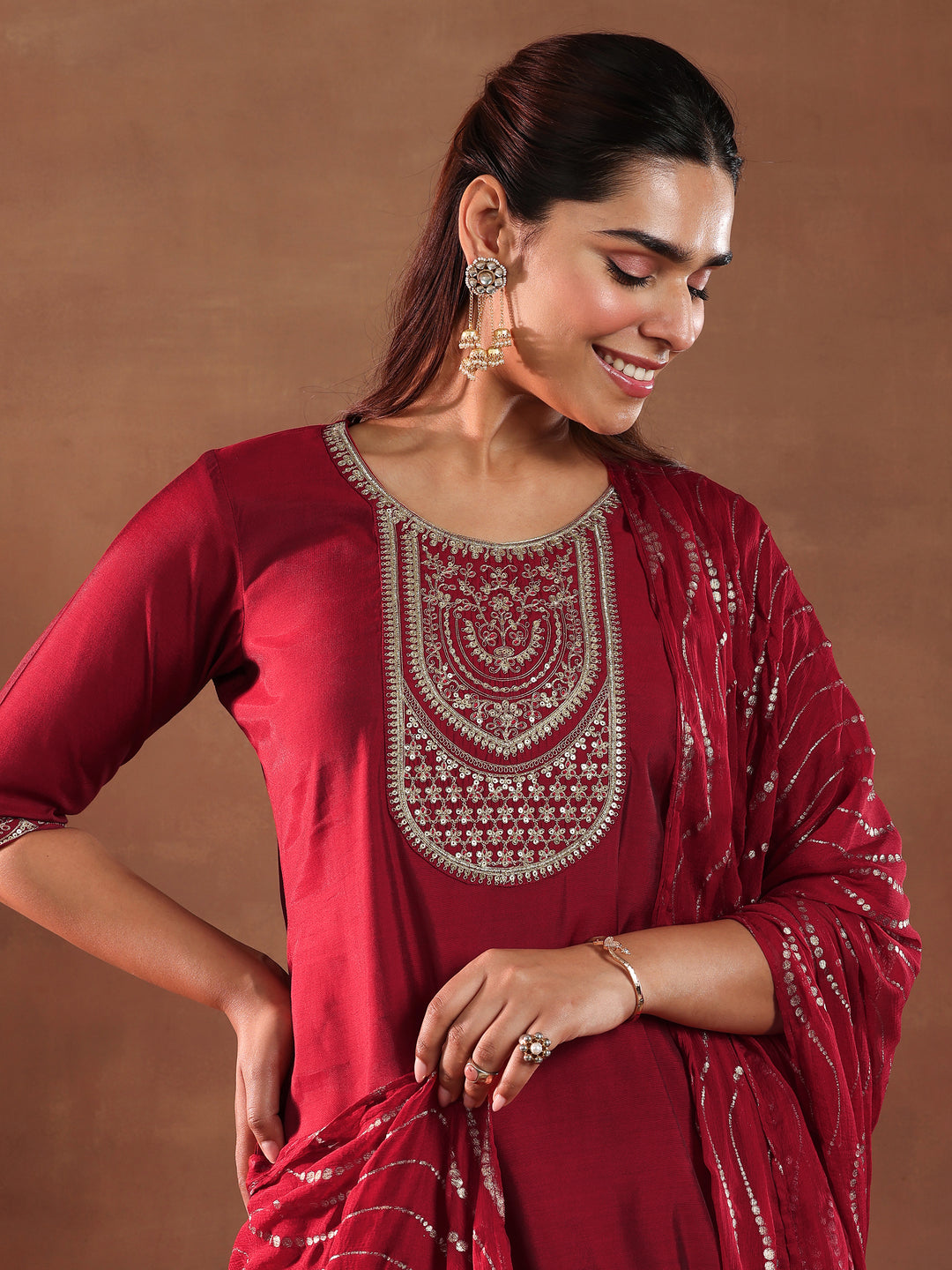  Red Yoke Design Silk Blend Straight Suit With Dupatta-color check 