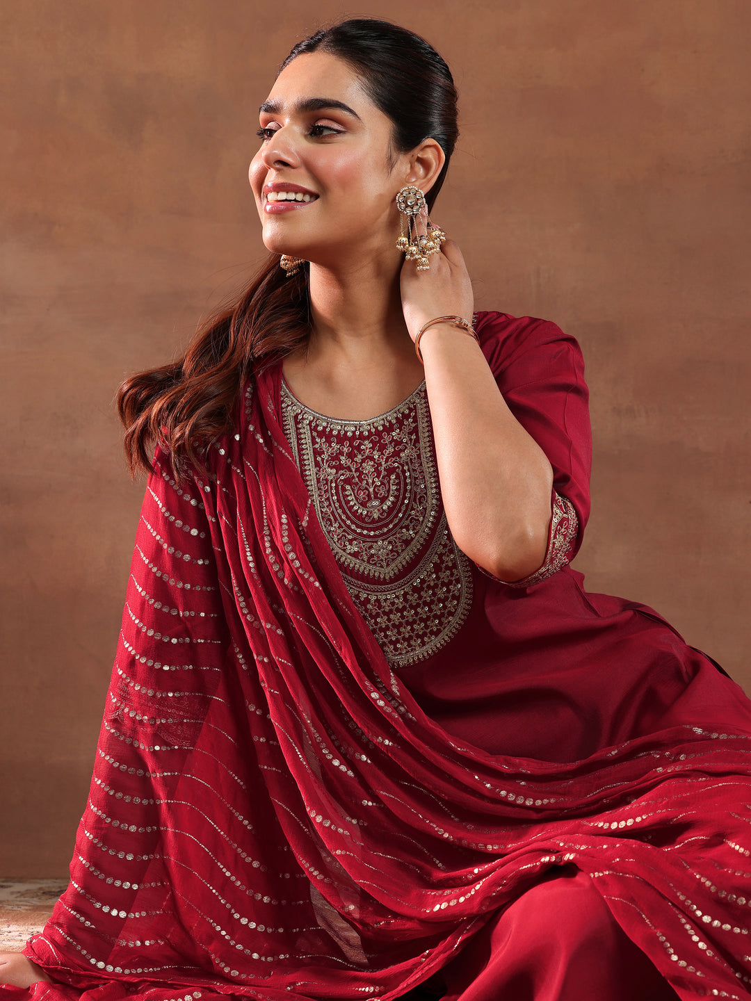 Red Yoke Design Silk Blend Straight Suit With Dupatta-color check