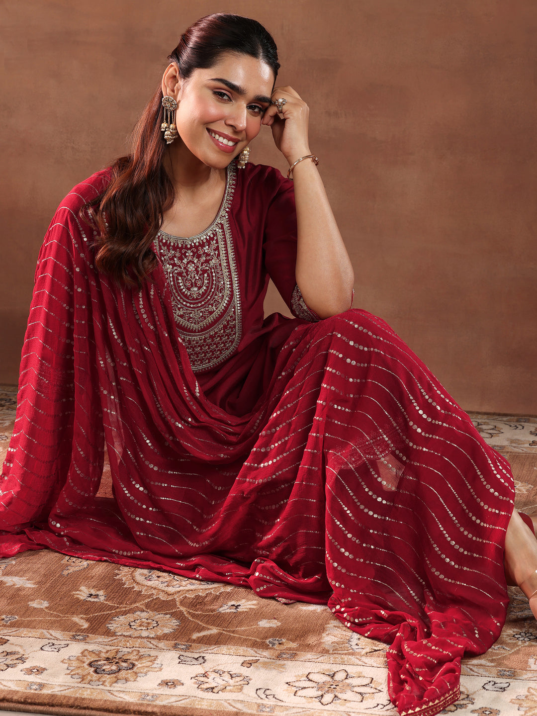  Red Yoke Design Silk Blend Straight Suit With Dupatta-color check 