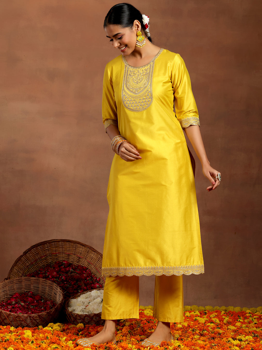  Yellow Yoke Design Silk Blend Straight Suit With Dupatta 