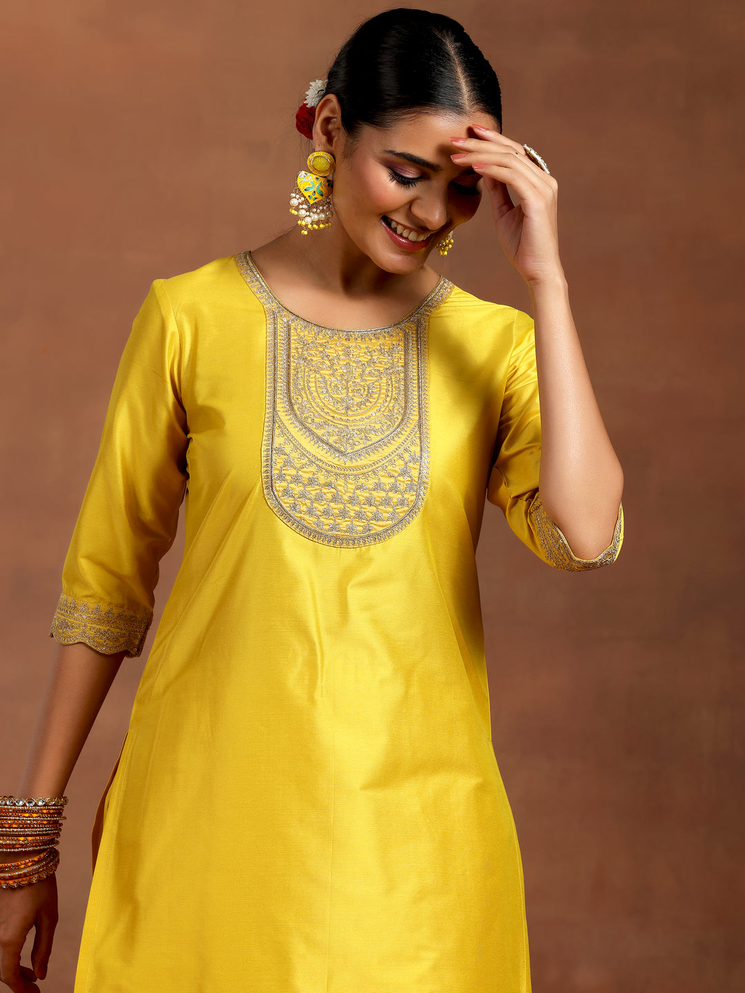  Yellow Yoke Design Silk Blend Straight Suit With Dupatta 