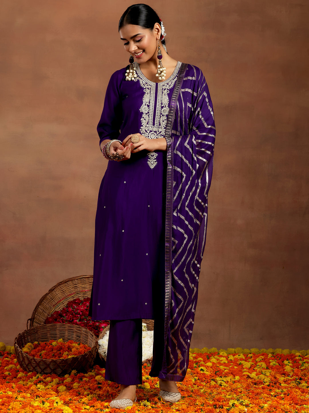 Purple Embroidered Silk Blend Straight Suit With Dupatta