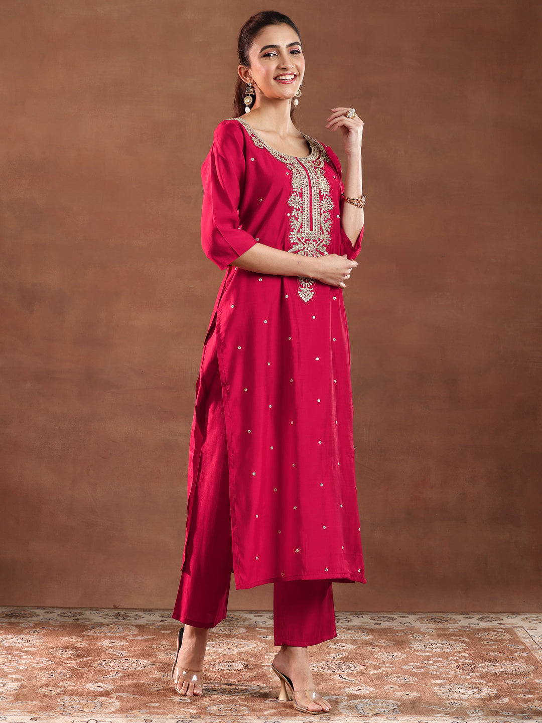  Red Embroidered Silk Blend Straight Suit With Dupatta-color issye 