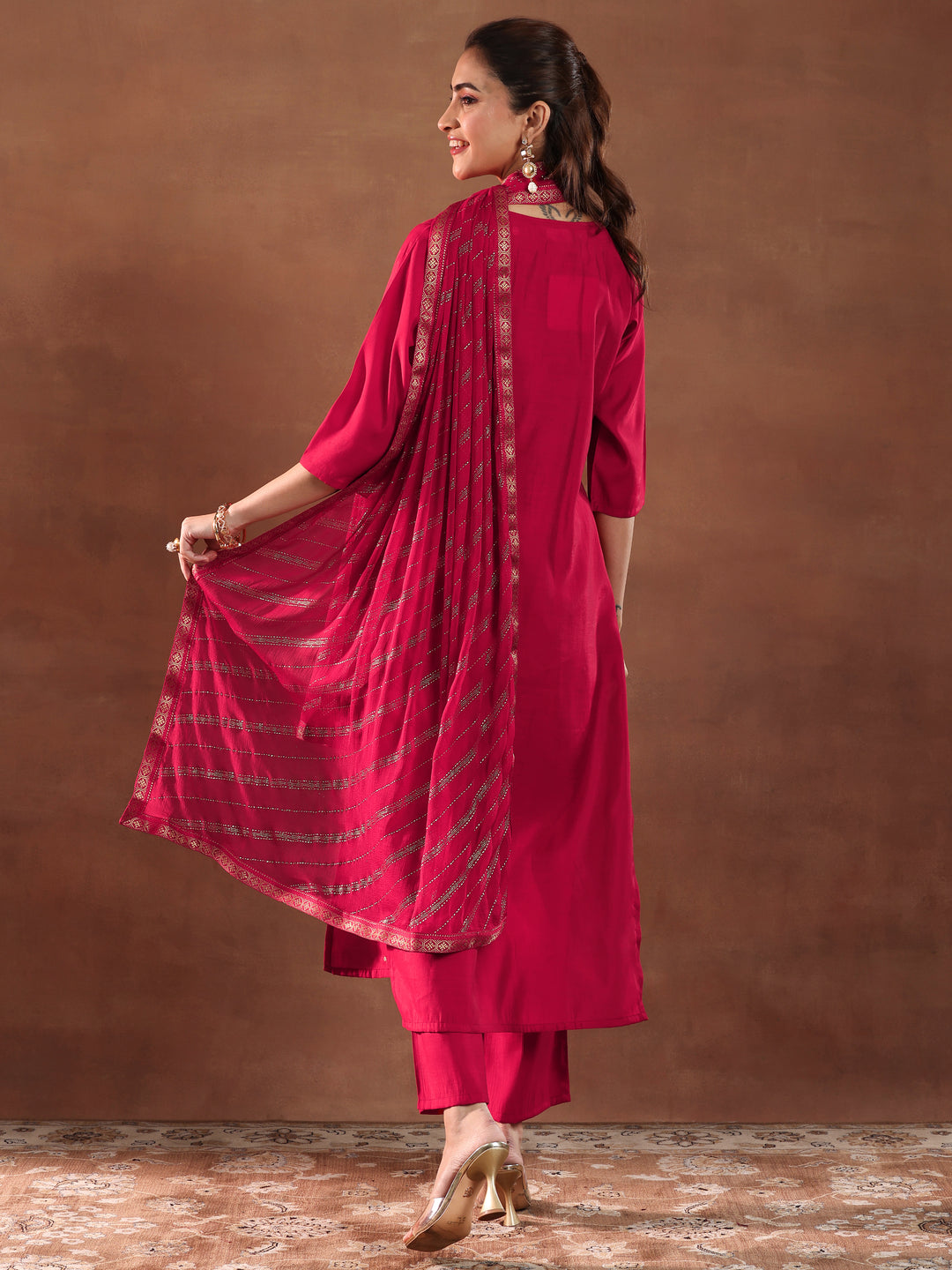  Red Embroidered Silk Blend Straight Suit With Dupatta-color issye 