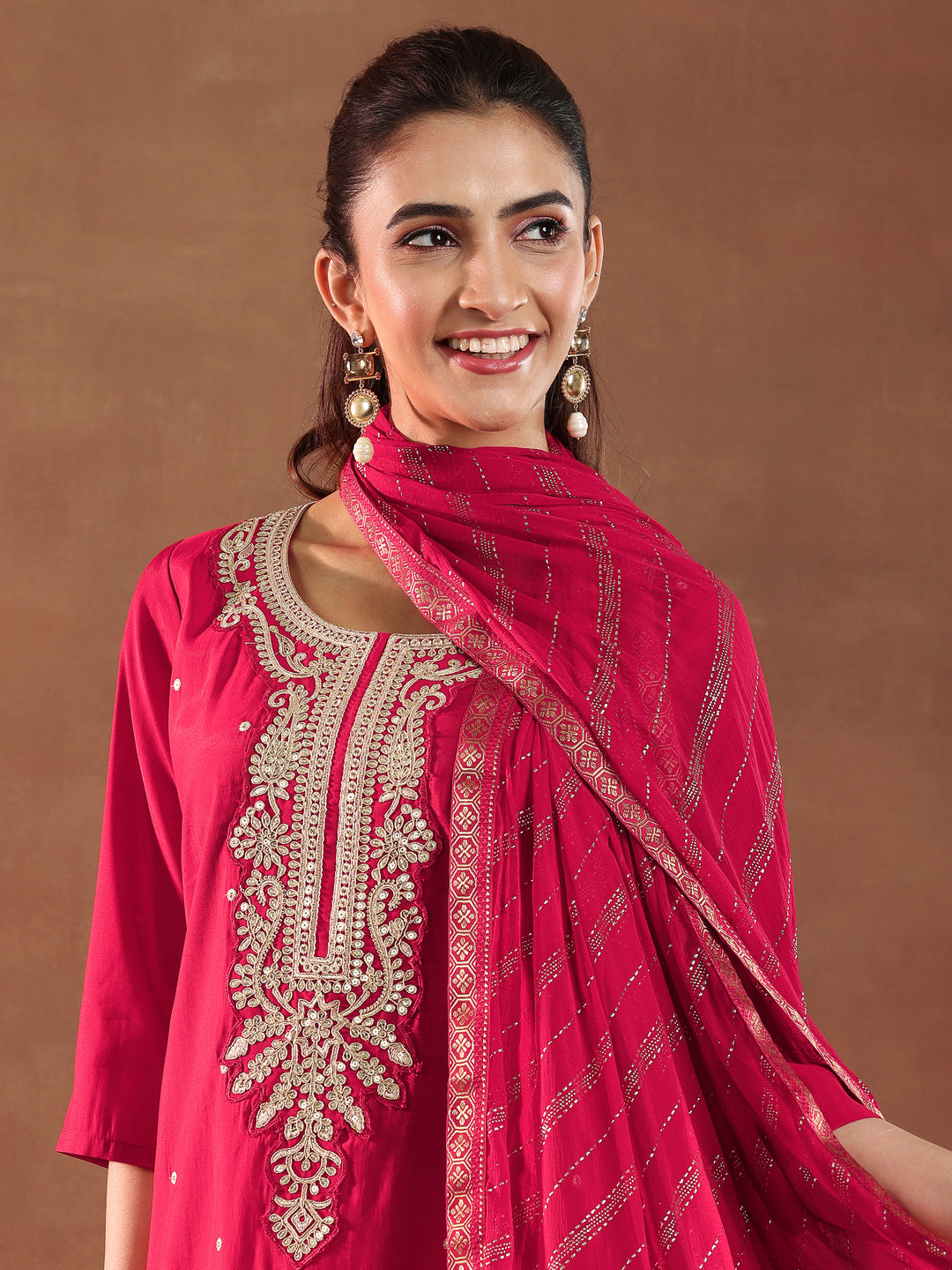  Red Embroidered Silk Blend Straight Suit With Dupatta-color issye 