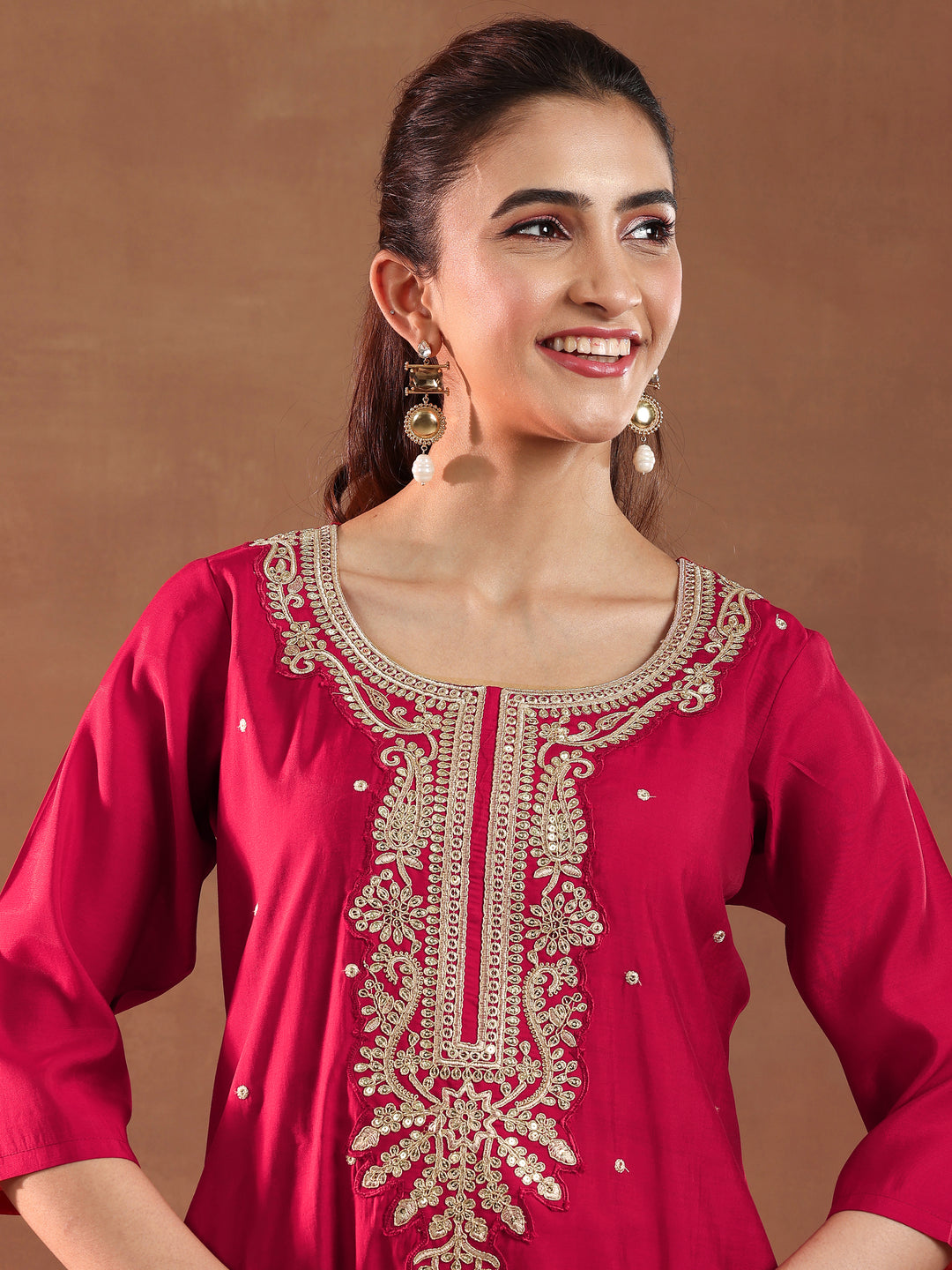  Red Embroidered Silk Blend Straight Suit With Dupatta-color issye 