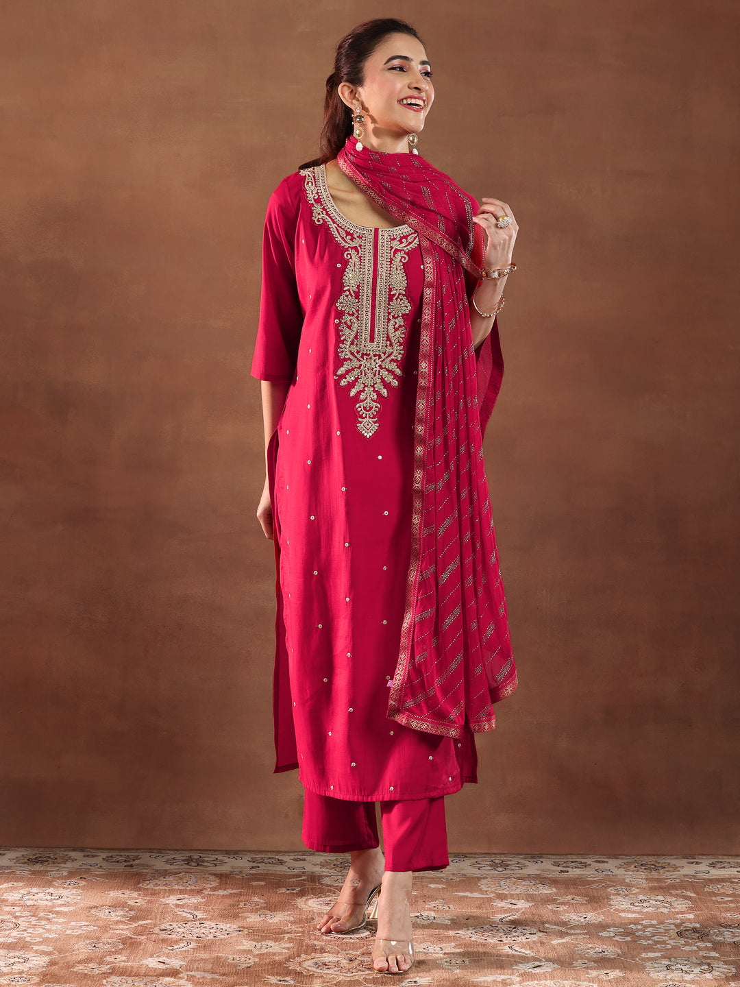  Red Embroidered Silk Blend Straight Suit With Dupatta-color issye 