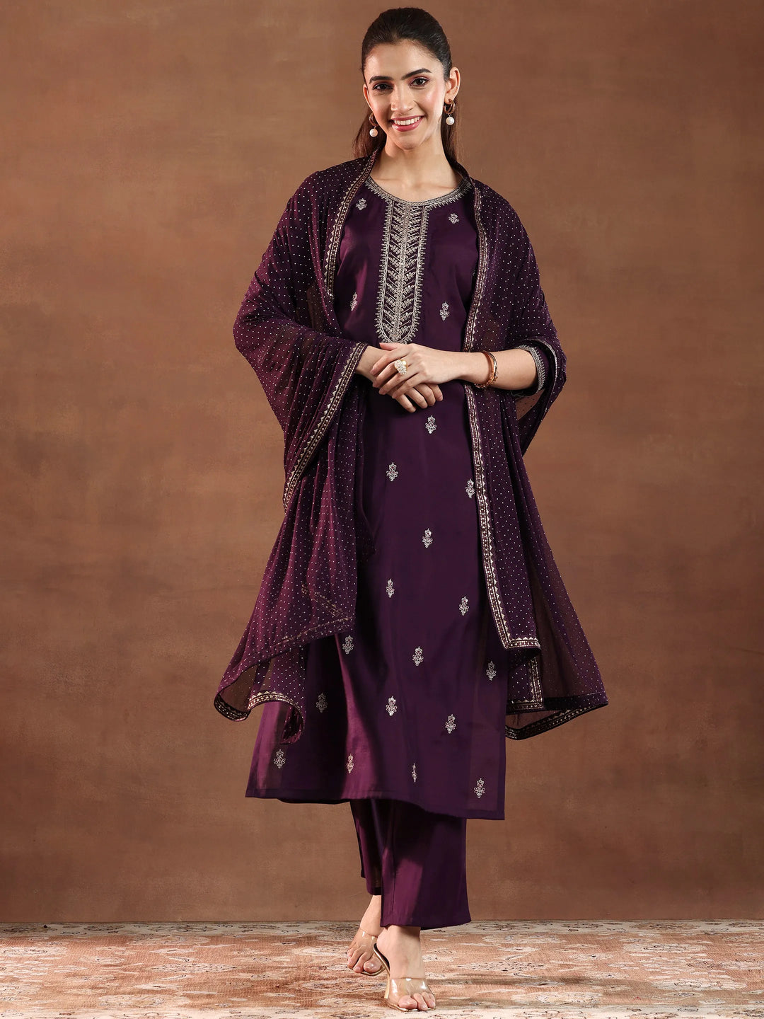 Wine Embroidered Silk Blend Straight Suit With Dupatta