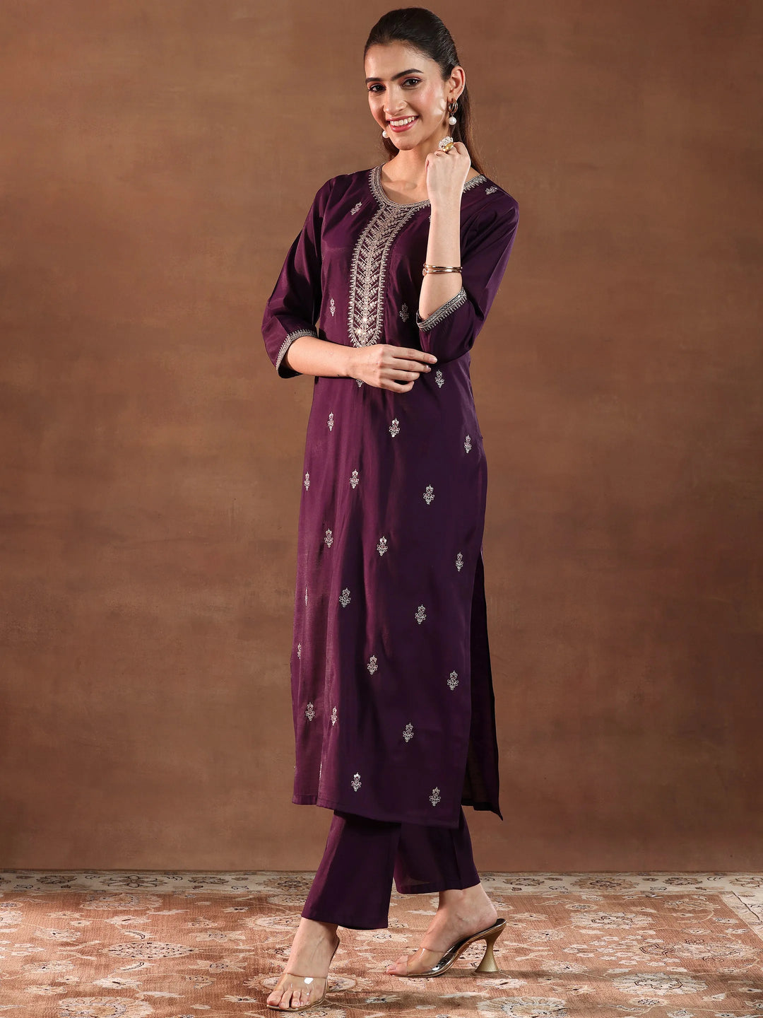  Wine Embroidered Silk Blend Straight Suit With Dupatta 