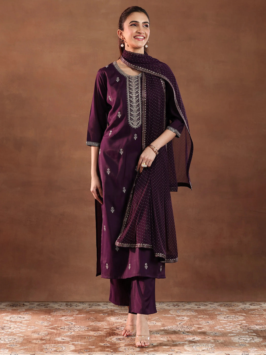  Wine Embroidered Silk Blend Straight Suit With Dupatta 