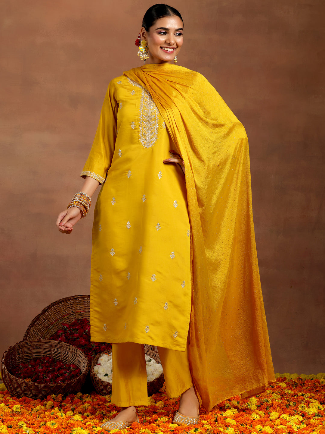 Mustard Embroidered Silk Blend Straight Suit With Dupatta