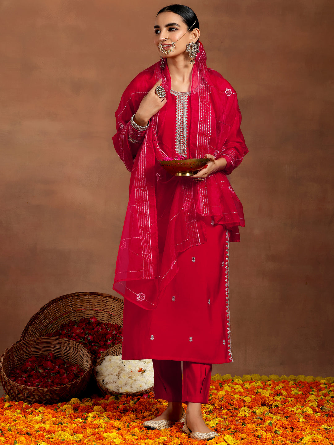 Red Embroidered Silk Blend Straight Suit With Dupatta