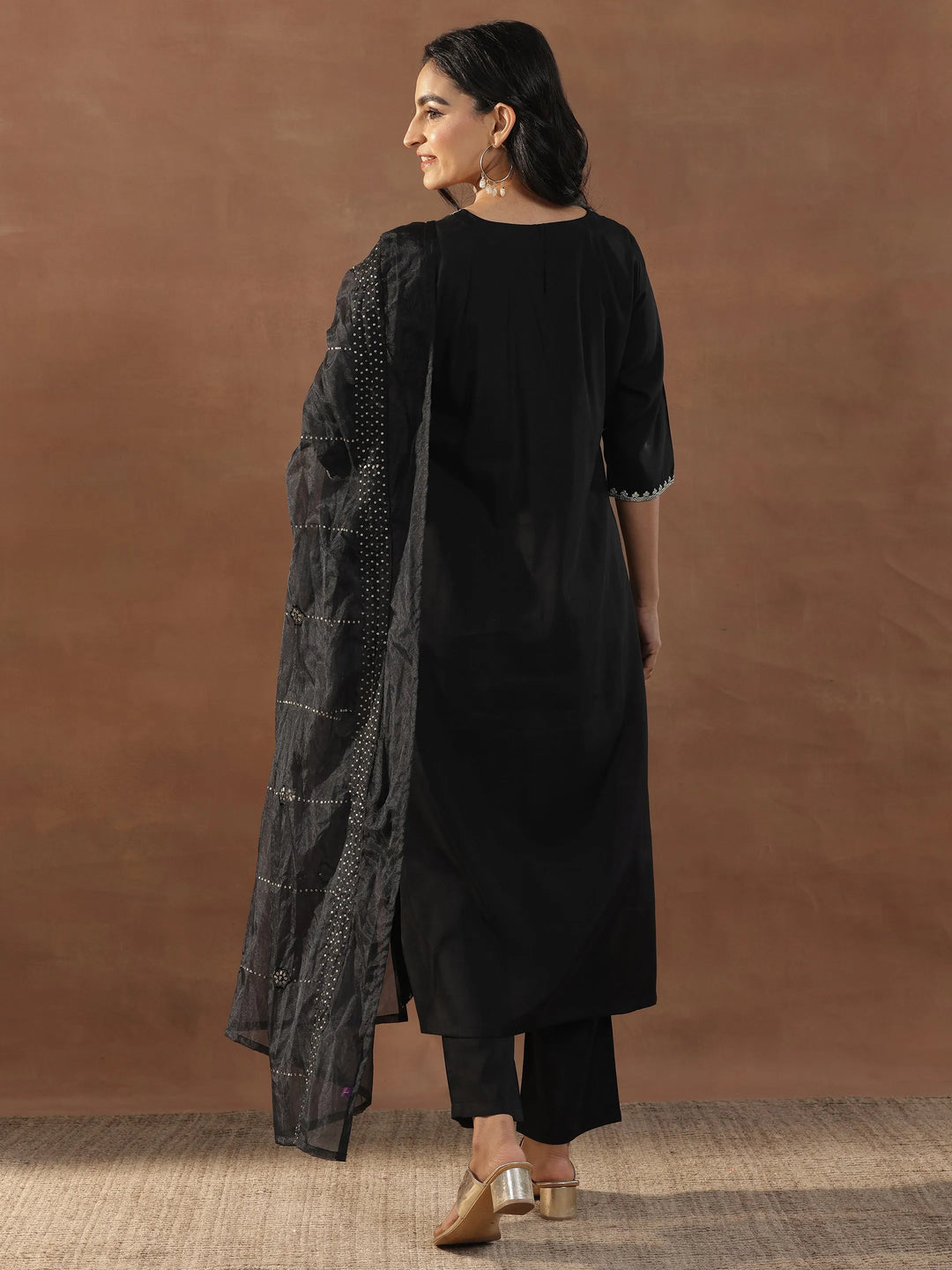  Black Embroidered Silk Blend Straight Suit Set With Dupatta 