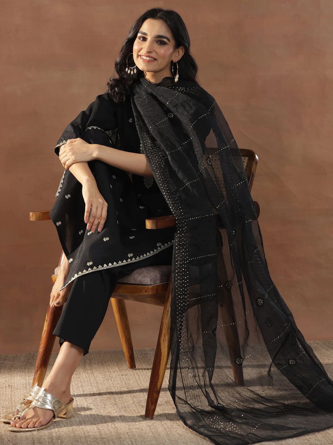 Black Embroidered Silk Blend Straight Suit Set With Dupatta