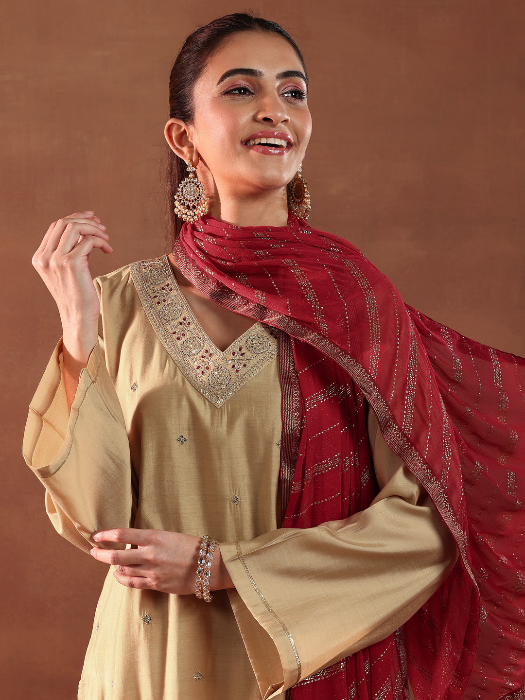  Beige Embroidered Silk Blend Straight Suit With Dupatta 