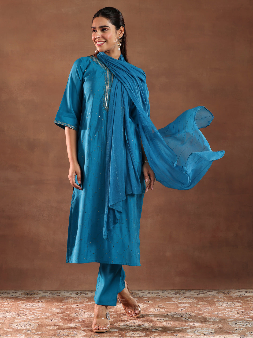  Blue Self Design Silk Blend Straight Suit With Dupatta 